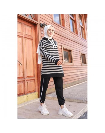 Survêtement Hijab jogging musulman 2 pièces - Tunique à rayure pour femme voilée - Couleur gris et noir 