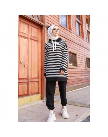 Survêtement Hijab jogging musulman 2 pièces - Tunique à rayure pour femme voilée - Couleur gris et noir 