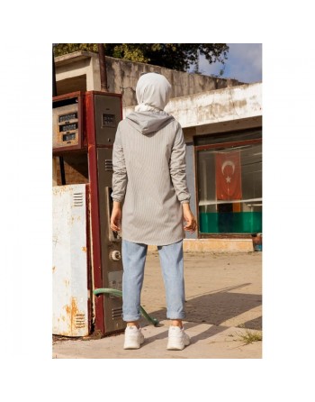 Tunique-Chemise imprimée avec capuche (Vetement Mode Musulmane Turquie) - Rayures noires 