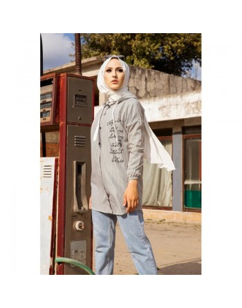 Tunique-Chemise imprimée avec capuche (Vetement Mode Musulmane Turquie) - Rayures noires 