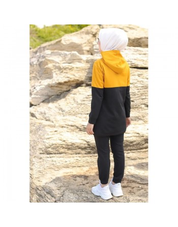 Survêtement hijab sport chic à capuche pour femme musulmane (deux pièces haut et bas) - Couleur noir et moutarde 