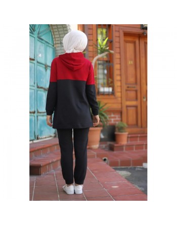 Survêtement hijab sport à capuche pour femme musulmane (Ensemble Sportswear) - Couleur noir et bordeaux 