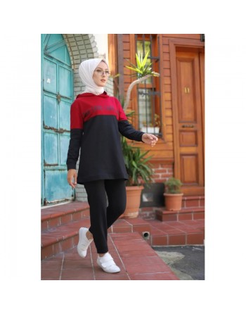 Survêtement hijab sport à capuche pour femme musulmane (Ensemble Sportswear) - Couleur noir et bordeaux 