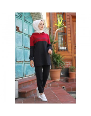 Survêtement hijab sport à capuche pour femme musulmane (Ensemble Sportswear) - Couleur noir et bordeaux 