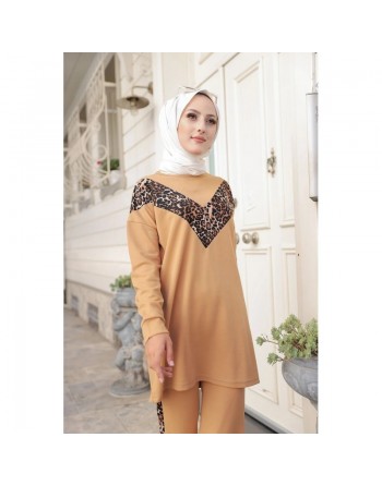 Ensemble survêtement 2 pièces léopard (Vêtement Sport Mastour pour Femme) - Couleur beige foncé 