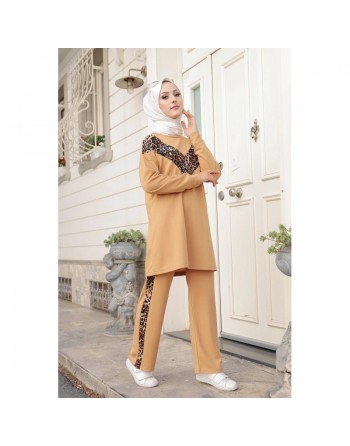 Ensemble survêtement 2 pièces léopard (Vêtement Sport Mastour pour Femme) - Couleur beige foncé 