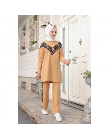 Ensemble survêtement 2 pièces léopard (Vêtement Sport Mastour pour Femme) - Couleur beige foncé 