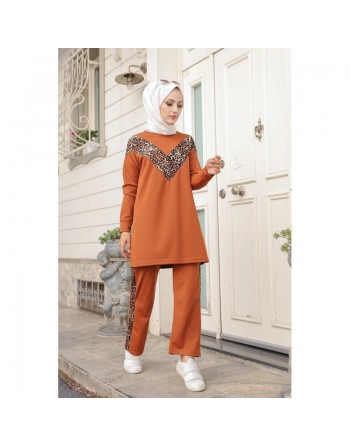 Ensemble survêtement 2 pièces léopard (Vêtement Sport Mastour pour Femme) - Couleur rouille 