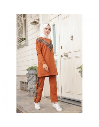 Ensemble survêtement 2 pièces léopard (Vêtement Sport Mastour pour Femme) - Couleur rouille 