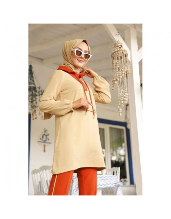 Ensemble casual tunique à capuche et pantalon (Modest Fashion) - Couleur beige et brique 