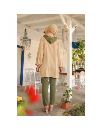 Ensemble casual tunique à capuche et pantalon (Mode Musulmane Femme voilée) - Couleur beige et kaki 