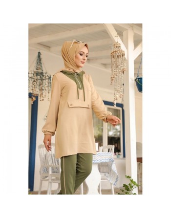 Ensemble casual tunique à capuche et pantalon (Mode Musulmane Femme voilée) - Couleur beige et kaki 