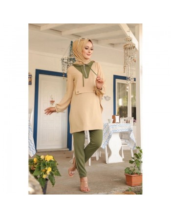 Ensemble casual tunique à capuche et pantalon (Mode Musulmane Femme voilée) - Couleur beige et kaki 