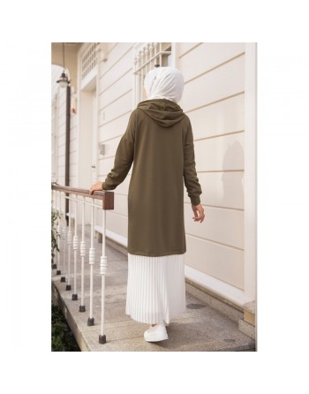 Robe longue à capuche effet plissée pour femme (Vetement moderne pour hijab) - Couleur Kaki et Blanc 