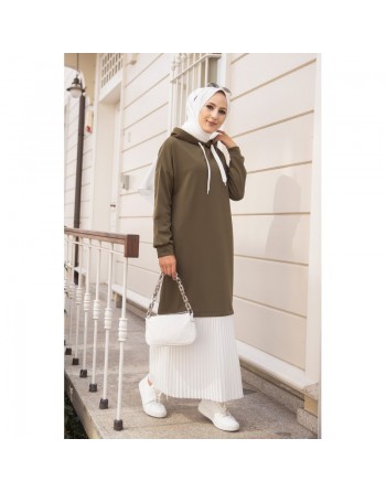 Robe longue à capuche effet plissée pour femme (Vetement moderne pour hijab) - Couleur Kaki et Blanc 