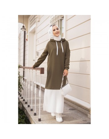 Robe longue à capuche effet plissée pour femme (Vetement moderne pour hijab) - Couleur Kaki et Blanc 
