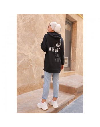 Sweat avec capuche pour femme inscription au dos "I am where are you?" - Couleur noir 