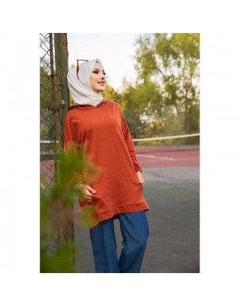 Sweat avec capuche pour femme inscription au dos "I am where are you?" (Tenue décontractée hiijab) - Couleur brique 