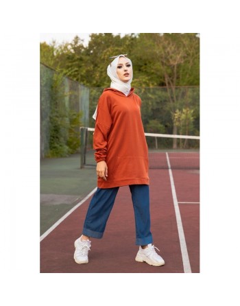 Sweat avec capuche pour femme inscription au dos "I am where are you?" (Tenue décontractée hiijab) - Couleur brique 