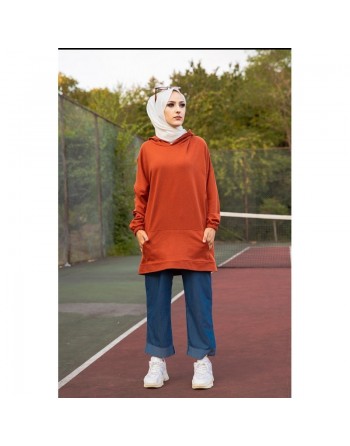 Sweat avec capuche pour femme inscription au dos "I am where are you?" (Tenue décontractée hiijab) - Couleur brique 