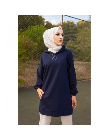 Sweat avec capuche pour femme inscription au dos "I am where are you?" (Hijab sport) - Couleur bleu marine 