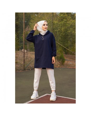 Sweat avec capuche pour femme inscription au dos "I am where are you?" (Hijab sport) - Couleur bleu marine 