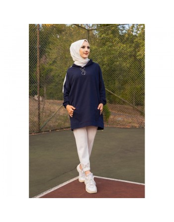 Sweat avec capuche pour femme inscription au dos "I am where are you?" (Hijab sport) - Couleur bleu marine 