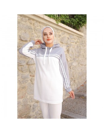 Survêtement femme (Ensemble Urban deux pièces : sweat à capuche et pantalon) - Couleur Blanc et Gris 