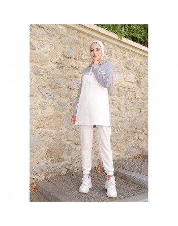 Survêtement femme (Ensemble Urban deux pièces : sweat à capuche et pantalon) - Couleur Blanc et Gris 