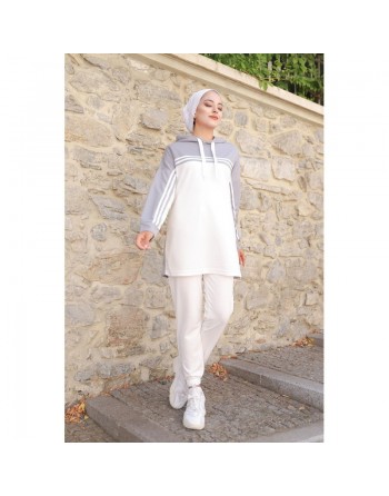Survêtement femme (Ensemble Urban deux pièces : sweat à capuche et pantalon) - Couleur Blanc et Gris 