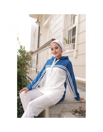 Survêtement femme (Ensemble décontracté sweet à capuche et pantalon) - Couleur Blanc et Bleu indigo 