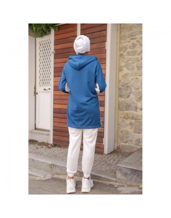 Survêtement femme (Ensemble décontracté sweet à capuche et pantalon) - Couleur Blanc et Bleu indigo 