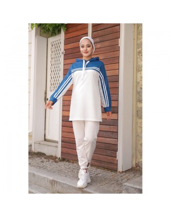 Survêtement femme (Ensemble décontracté sweet à capuche et pantalon) - Couleur Blanc et Bleu indigo 