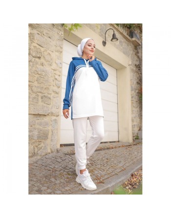 Survêtement femme (Ensemble décontracté sweet à capuche et pantalon) - Couleur Blanc et Bleu indigo 