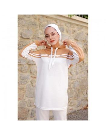 Survêtement femme (Ensemble sport Sweat à capuche et Pantalon) - Couleur Blanc et Beige 