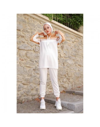 Survêtement femme (Ensemble sport Sweat à capuche et Pantalon) - Couleur Blanc et Beige 