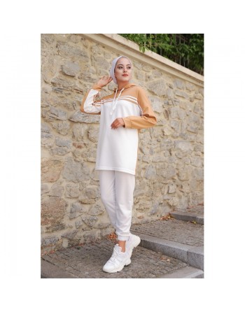 Survêtement femme (Ensemble sport Sweat à capuche et Pantalon) - Couleur Blanc et Beige 