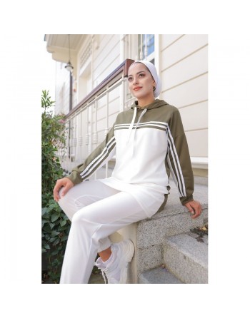 Survêtement Sport femme (Ensemble deux pièces sweet à capuche et pantalon) - Couleur Blanc et Kaki 