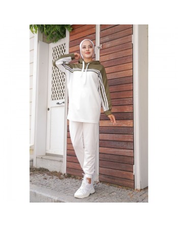 Survêtement Sport femme (Ensemble deux pièces sweet à capuche et pantalon) - Couleur Blanc et Kaki 