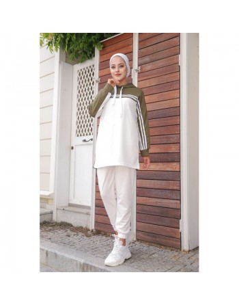 Survêtement Sport femme (Ensemble deux pièces sweet à capuche et pantalon) - Couleur Blanc et Kaki 