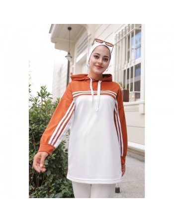 Survêtement femme (Ensemble deux pièces sweet à capuche et pantalon) - Couleur Blanc et Brique 
