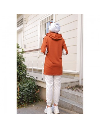 Survêtement femme (Ensemble deux pièces sweet à capuche et pantalon) - Couleur Blanc et Brique 