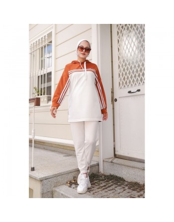 Survêtement femme (Ensemble deux pièces sweet à capuche et pantalon) - Couleur Blanc et Brique 