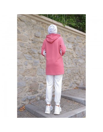 Survêtement femme (Ensemble décontracté deux pièces sweat à capuche et pantalon) - Couleur Blanc et Rose 