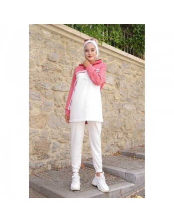 Survêtement femme (Ensemble décontracté deux pièces sweat à capuche et pantalon) - Couleur Blanc et Rose 