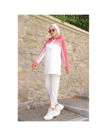 Survêtement femme (Ensemble décontracté deux pièces sweat à capuche et pantalon) - Couleur Blanc et Rose 