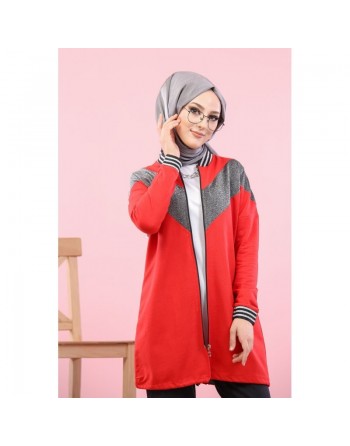 Veste argentée pour femme - Tunique zippée style sportswear (Mode Musulmane) - Couleur rouge 