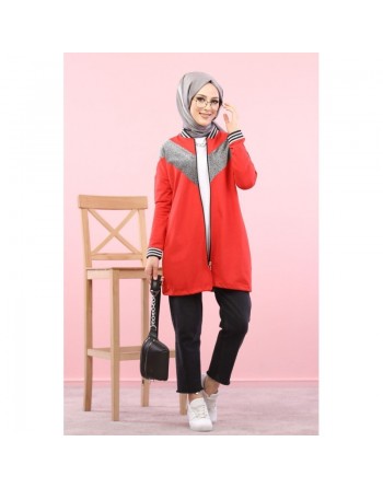 Veste argentée pour femme - Tunique zippée style sportswear (Mode Musulmane) - Couleur rouge 