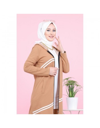 Ensemble survêtement islamique à capuche et bandes blanches pour femme voilée - Couleur biscuit 
