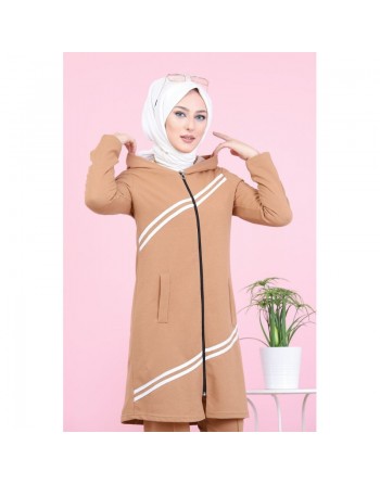 Ensemble survêtement islamique à capuche et bandes blanches pour femme voilée - Couleur biscuit 